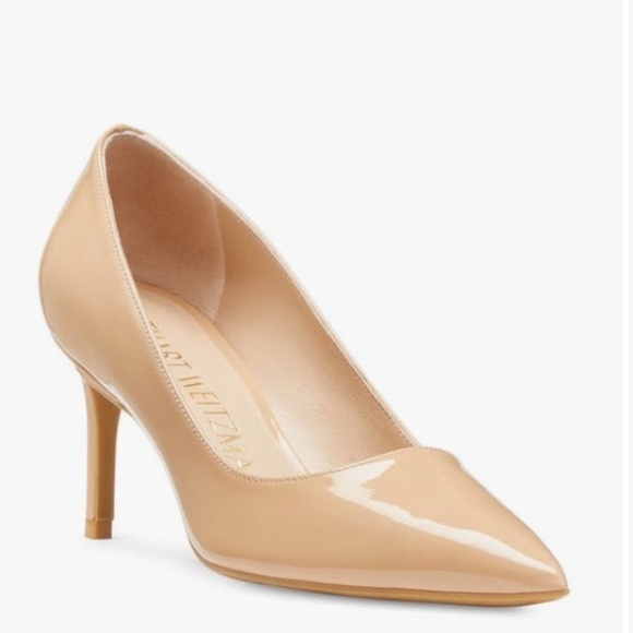 STUART WEITZMAN Leigh 75 Low Heel Patent Leather Stiletto Pump Golden Beige 11 - Picture 1 of 12